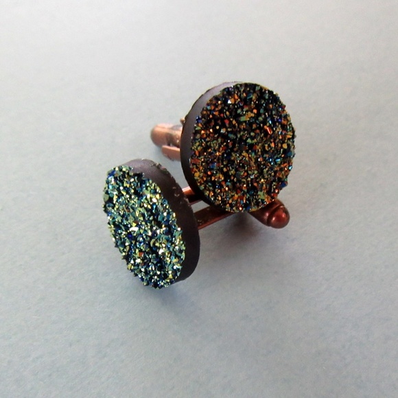 Faux druzi stone blue green cufflinks in copper setting - unisex cuff links - Picture 6 of 6